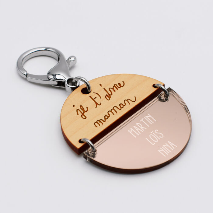 Porte-clés personnalisé gravé bi-matière bois et acrylique miroir 50 mm - texte manuscrit et prénoms