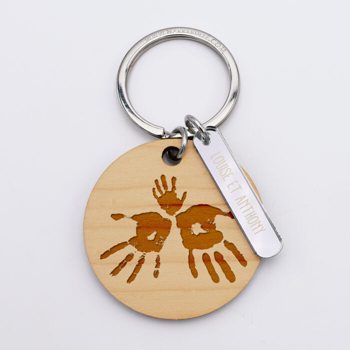 Porte-clés personnalisé gravé bois médaille ronde 50 mm et breloque acrylique miroir 40x8 mm empreintes