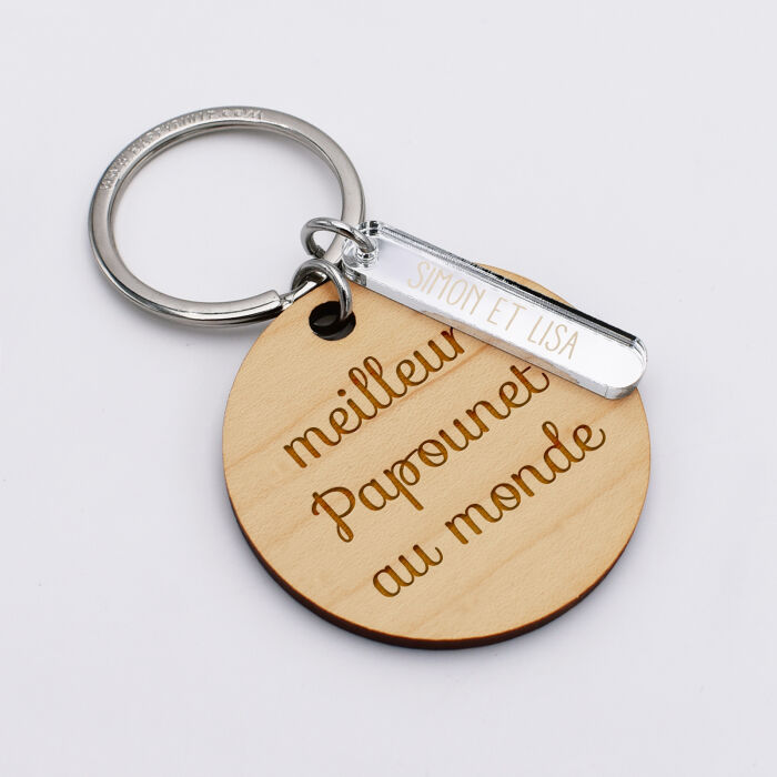 Porte-clés personnalisé gravé bois médaille ronde 50 mm et breloque acrylique miroir 40x8 mm texte papa