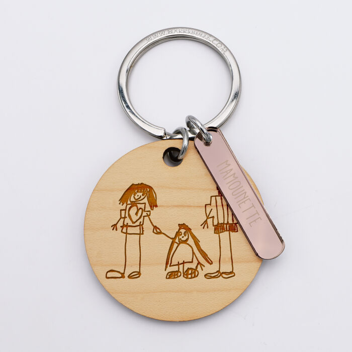 Porte-clés personnalisé gravé bois médaille ronde 50 mm et breloque acrylique miroir 40x8 mm dessin famille