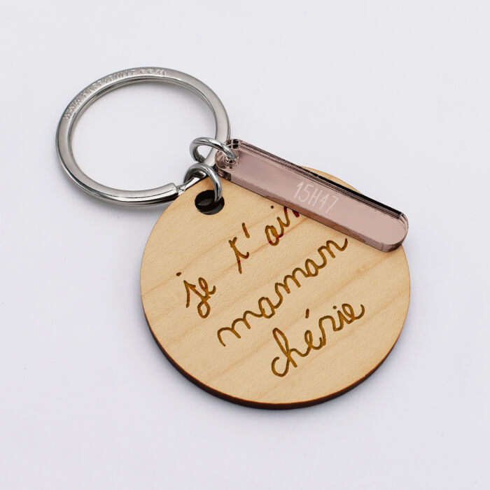 Porte-clés personnalisé gravé bois médaille ronde 50 mm et breloque acrylique miroir 40x8 mm textes manuscrit