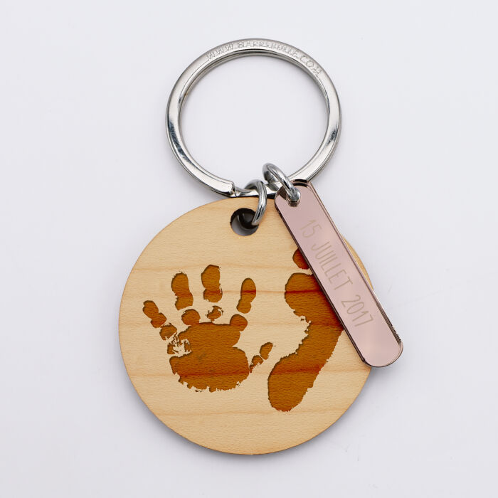 Porte-clés personnalisé gravé bois médaille ronde 50 mm et breloque acrylique miroir 40x8 mm empreintes