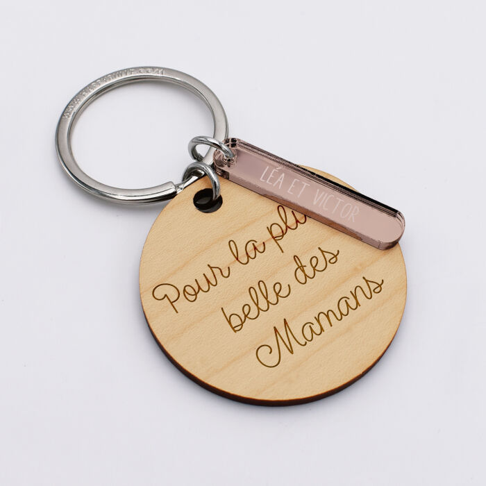 Porte-clés personnalisé gravé bois médaille ronde 50 mm et breloque acrylique miroir 40x8 mm texte
