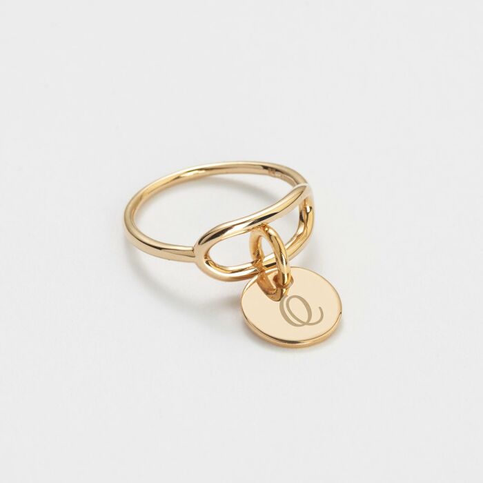 Bague ovale ouverte plaqué or personnalisée médaille gravée 10 mm - initiale q