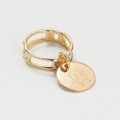 Bague chaine maille large plaqué or personnalisé médaille gravée 15 mm - dessin