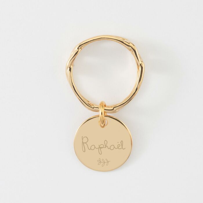 Bague chaine maille large plaqué or personnalisé médaille gravée 15 mm - texte picto