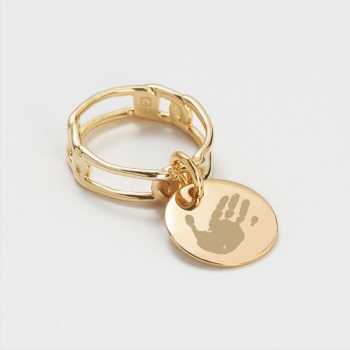 Bague chaine maille large plaqué or personnalisé médaille gravée 15 mm - empreinte