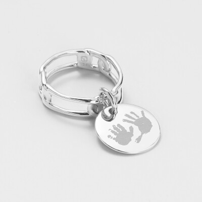 Bague chaine maille large argent personnalisée médaille gravée 15 mm - empreintes mains