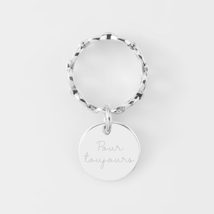 Bague chaine maille ronde argent personnalisée médaille gravée 15 mm - texte