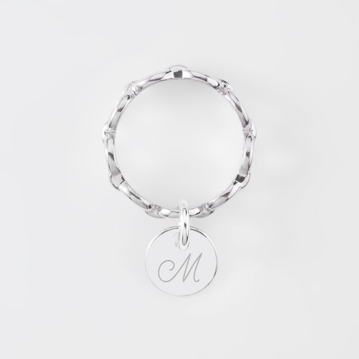 Bague chaine maille ronde argent personnalisée médaille gravée 10 mm - initiale m