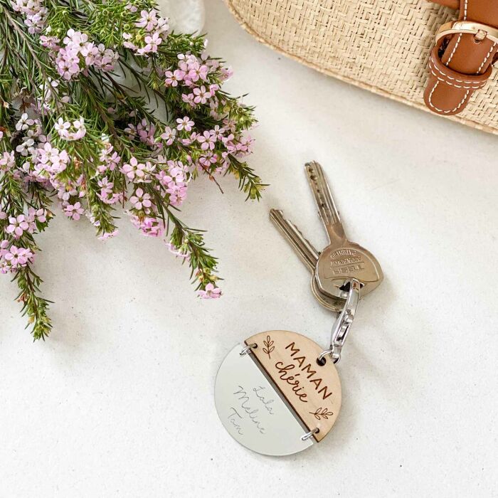 Porte-clés personnalisé gravé bi-matière bois et acrylique miroir 50 mm - édition spéciale "maman" ambiance maman chérie