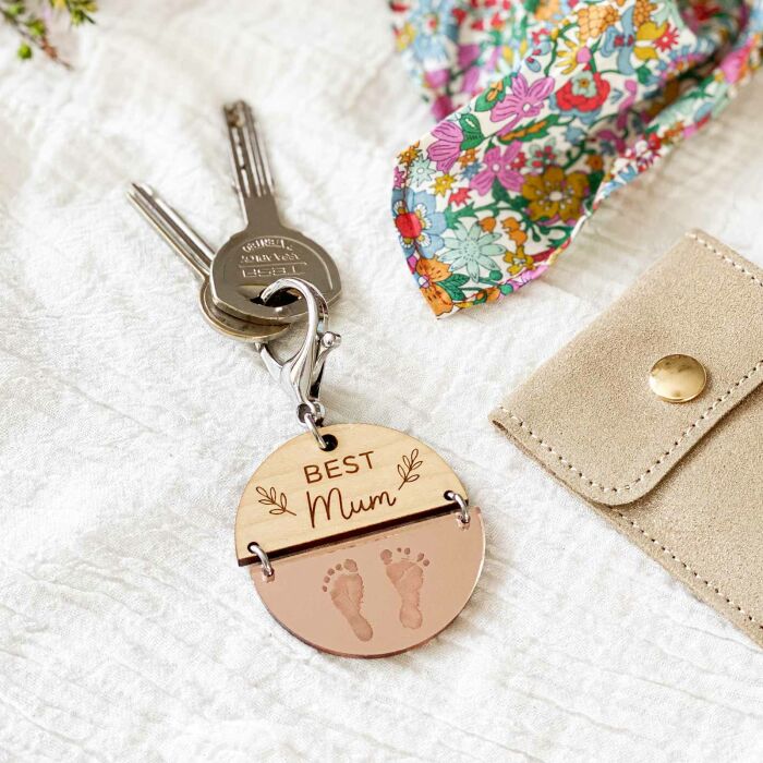 Porte-clés personnalisé gravé bi-matière bois et acrylique miroir 50 mm - édition spéciale "maman" - ambiance best mum