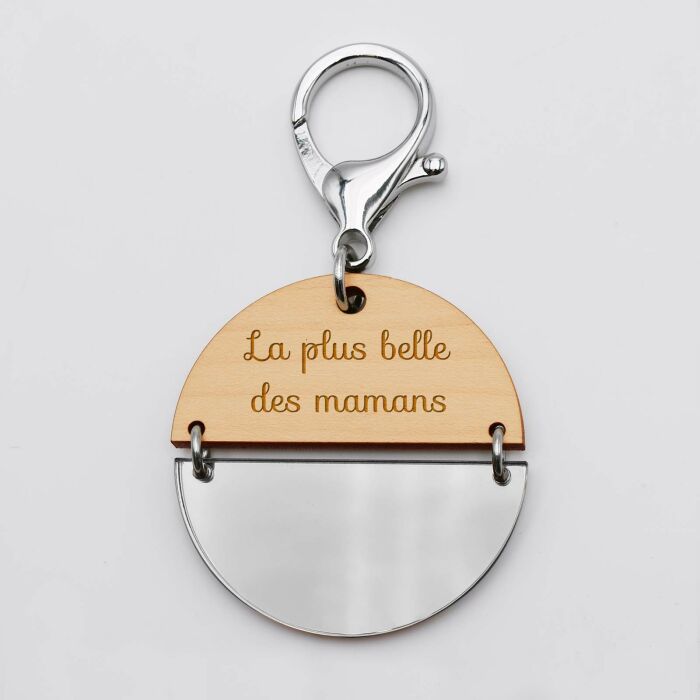 Porte-clés personnalisé gravé bi-matière bois et acrylique miroir 50 mm - simple