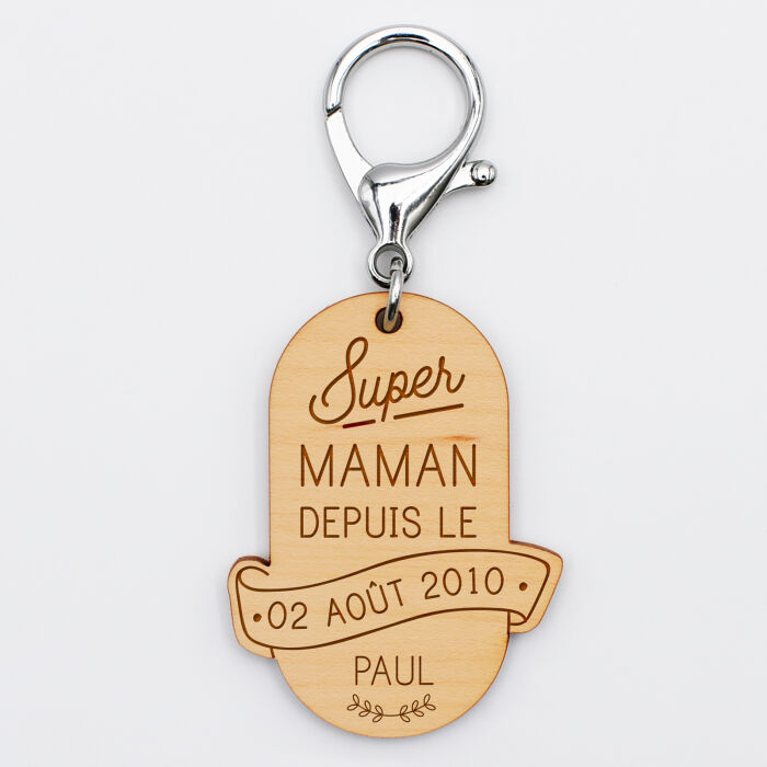 Porte-clés personnalisé gravé bois médaille ovale 58x43 mm - "Super maman depuis"