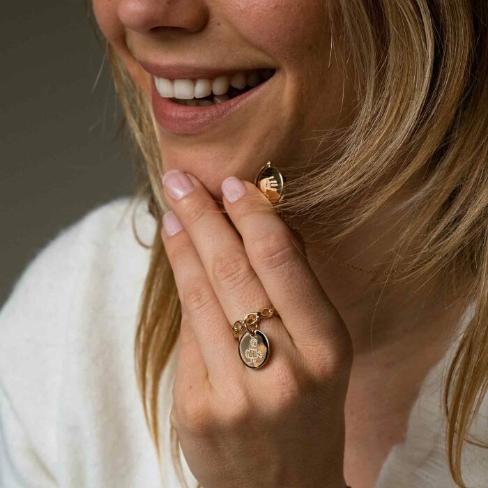 Bague chaine maille ronde plaqué or personnalisée médaille gravée 15 mm - dessin