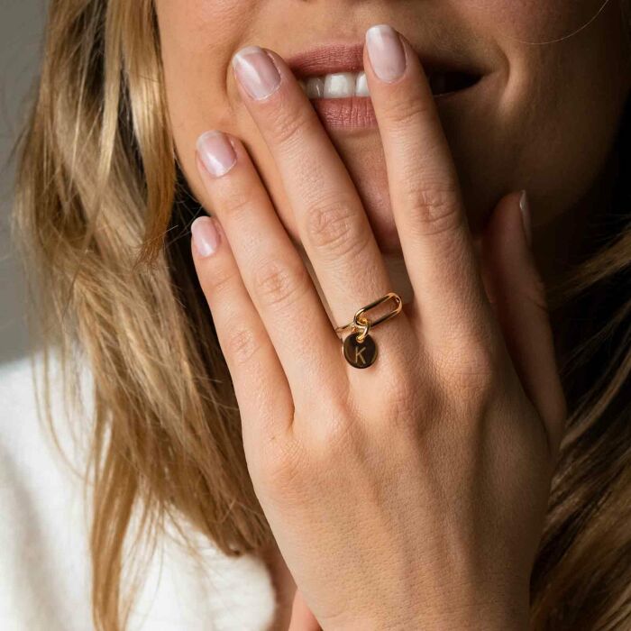 Bague ovale ouverte plaqué or personnalisée médaille gravée 10 mm - K