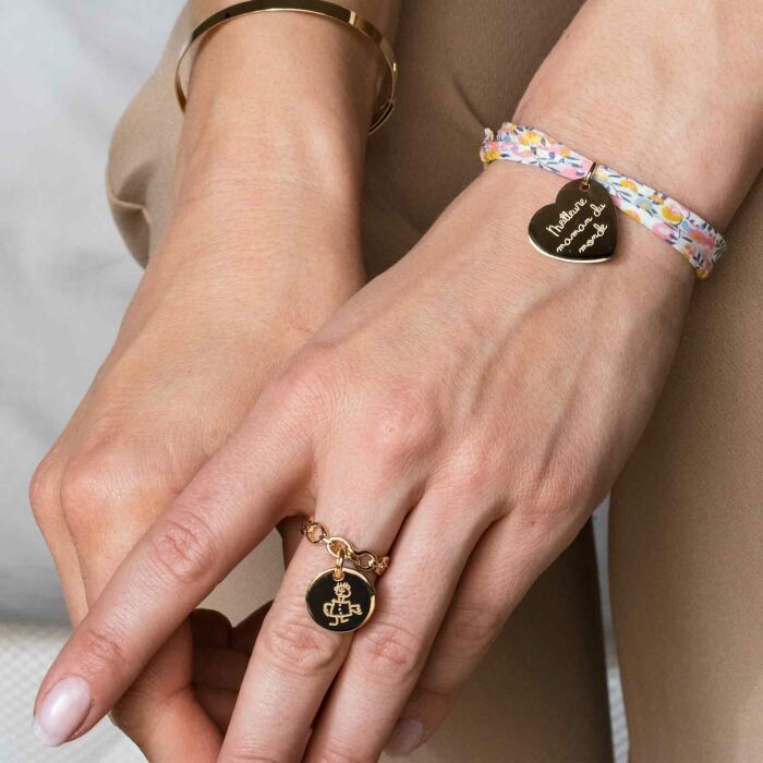 Bague chaine maille ronde plaqué or personnalisée médaille gravée 15 mm - dessin