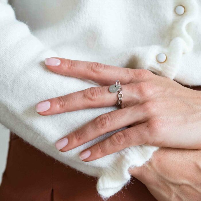 Bague chaine maille ronde argent personnalisée médaille gravée 10 mm - initiale M