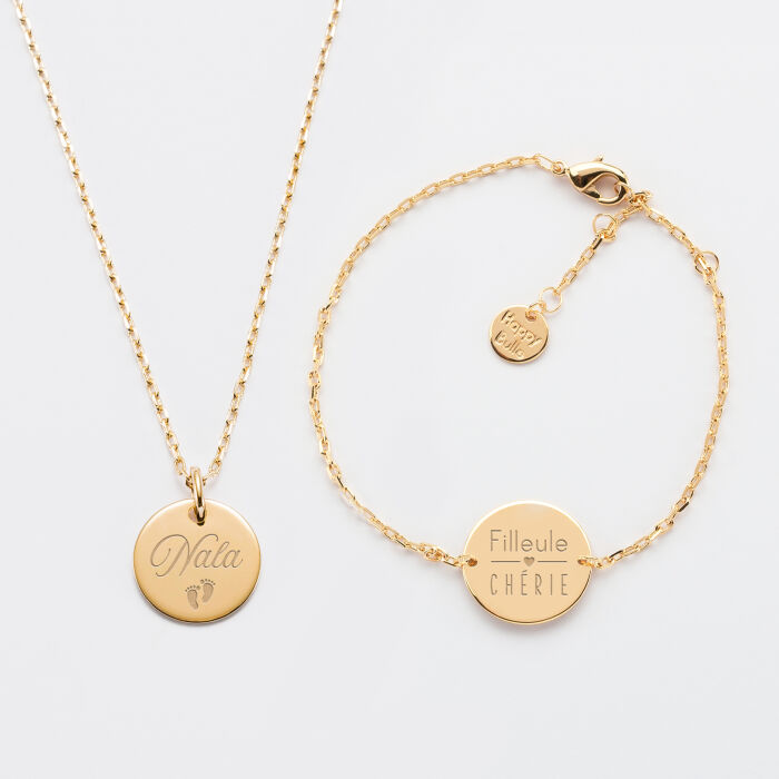 Personalised children's pendant and chain bracelet set with engraved gold-plated medallions 15mm