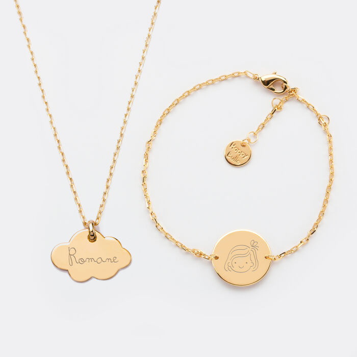 Personalised children's engraved gold-plated cloud medallion pendant 20x14mm and engraved medallion chain bracelet 15mm