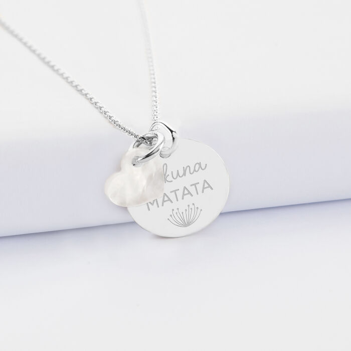Personalised pendants engraved silver 19mm and mother-of-pearl 10mm