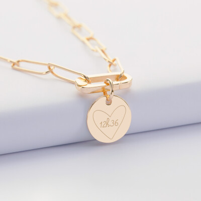 Collier personnalisé grandes mailles mousqueton médaille gravée plaqué or 15 mm - HappyBulle x Mon petit Léon - 12h36