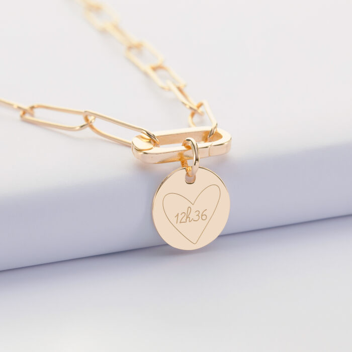 Collier personnalisé grandes mailles mousqueton médaille gravée plaqué or 15 mm - HappyBulle x Mon petit Léon - 12h36