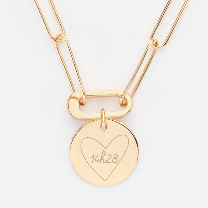 Collier personnalisé grandes mailles mousqueton médaille gravée plaqué or 19 mm - HappyBulle x Mon petit Léon - 14h28