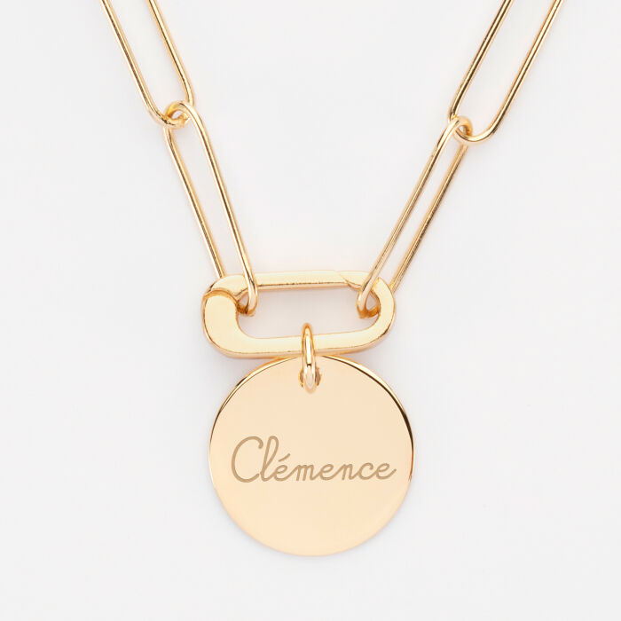 Collier personnalisé grandes mailles mousqueton médaille gravée plaqué or 19 mm - HappyBulle x Mon petit Léon - clémence