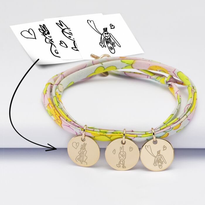 Bracelet 3 tours Liberty personnalisé 3 médailles gravées plaqué or 15 mm tutoriel