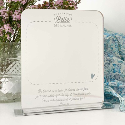 Miroir maman personnalisé acrylique miroir argenté gravé 11x13 cm avec support - édition spéciale "La plus jolie des mamans" - texte + prénom