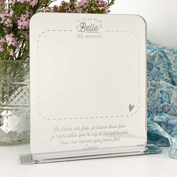 Miroir maman personnalisé acrylique miroir argenté gravé 11x13 cm avec support - édition spéciale "La plus jolie des mamans" - texte + prénom