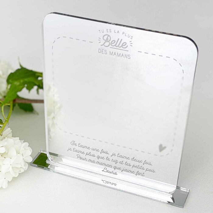 Miroir maman personnalisé acrylique miroir argenté gravé 11x13 cm avec support - édition spéciale "La plus jolie des mamans" - texte personnalisé
