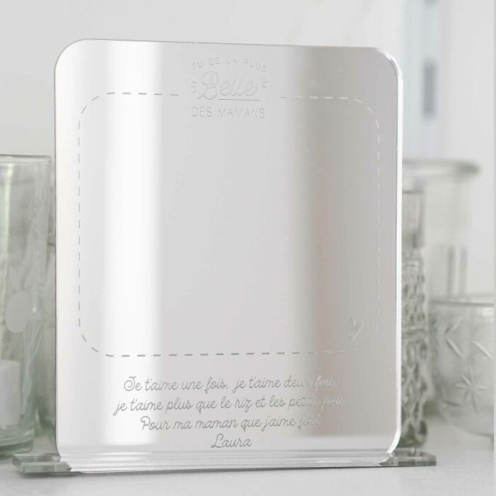 Miroir maman personnalisé acrylique miroir argenté gravé 11x13 cm avec support - édition spéciale "La plus jolie des mamans"