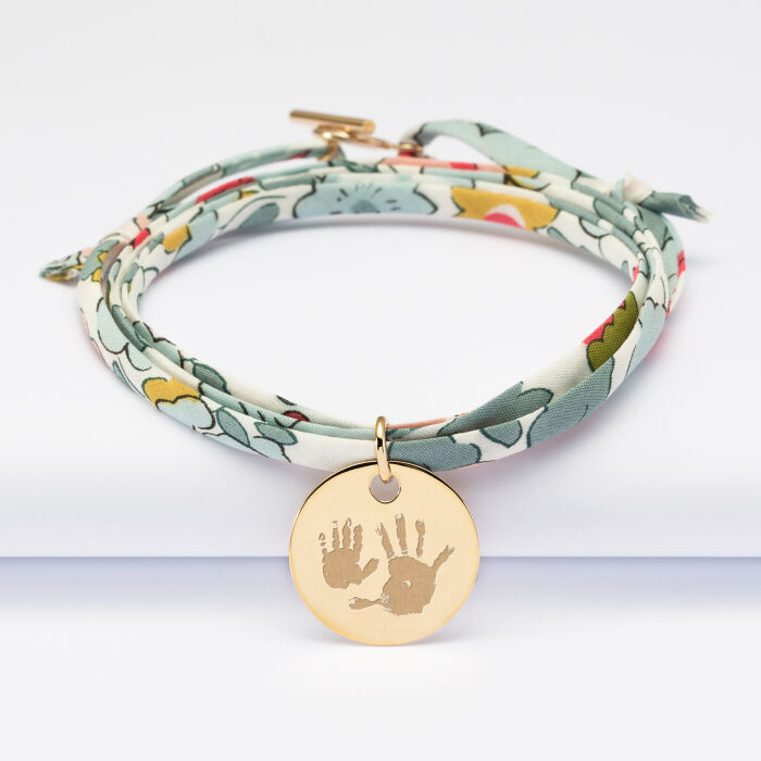 Personalised 3 turn Liberty bracelet with personalised engraved gold plated medallion 19 mm - imprints