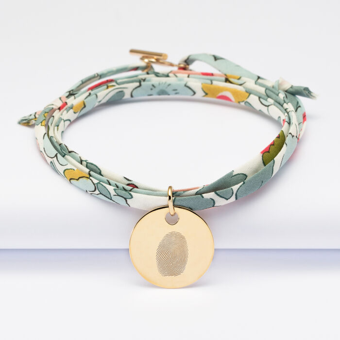 Personalised 3 turn Liberty bracelet with personalised engraved gold plated medallion 19 mm - fingerprint