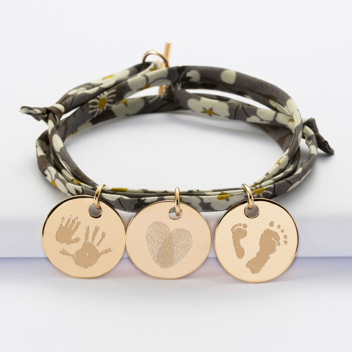 Liberty 3 turn bracelet with 3 personalised engraved gold plated medallions 19 mm - imprints