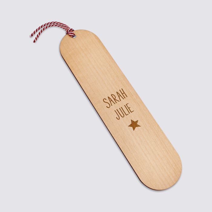 Marque page personnalisé bois gravé avec cordon marin tressé - prénoms + pictogramme