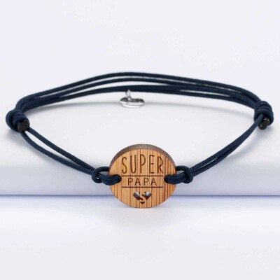 Bracelet Papa homme médaille gravée bois ronde 21 mm - Edition spéciale "Papa super héros" - illustration papa