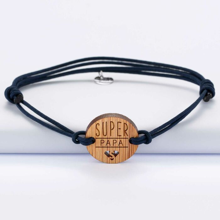 Bracelet Papa homme médaille gravée bois ronde 21 mm - Edition spéciale "Papa super héros" - illustration papa