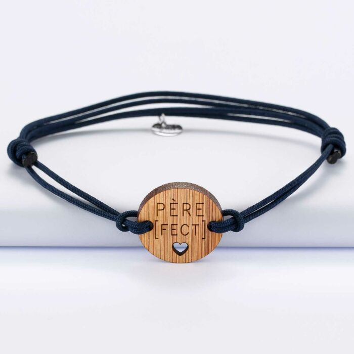 Bracelet homme médaille gravée bois ronde 21 mm - Edition spéciale "Père fect" - troué coeur