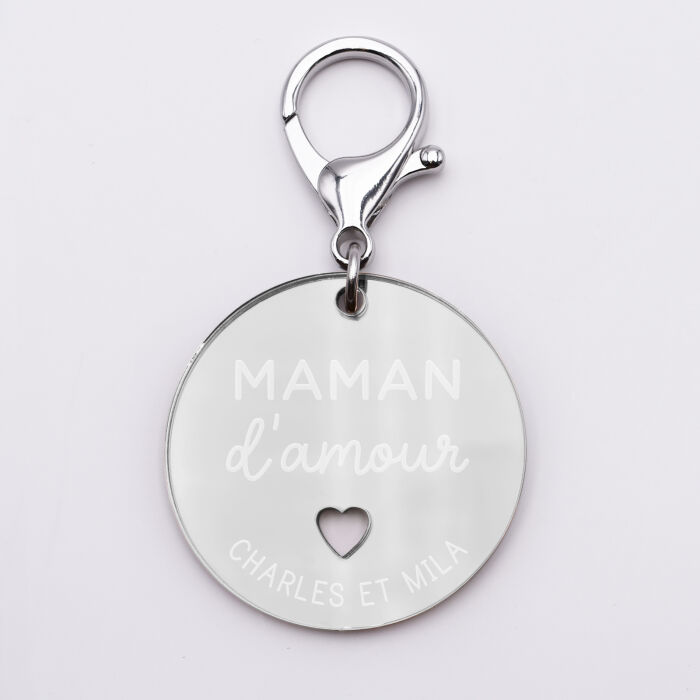 Porte-clés personnalisé gravé acrylique miroir argenté médaille ronde 50 mm - Maman d'amour - Prénoms