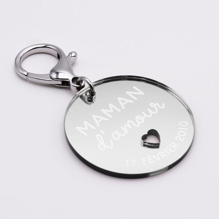 Porte-clés personnalisé gravé acrylique miroir argenté médaille ronde 50 mm - Maman d'amour - coeur