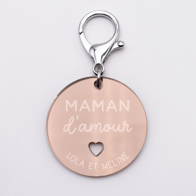 Porte-clés personnalisé gravé acrylique miroir rose gold médaille ronde 50 mm - Maman d'amour