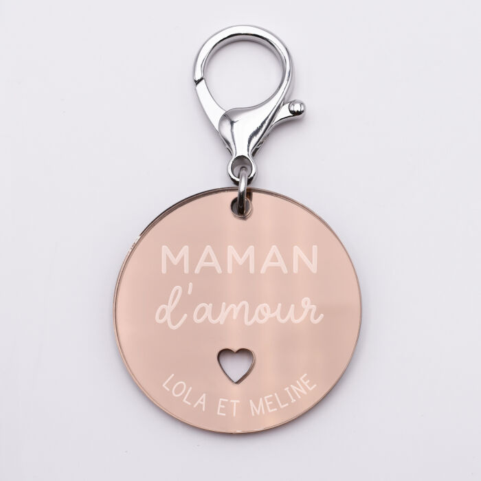 Porte-clés personnalisé gravé acrylique miroir rose gold médaille ronde 50 mm - Maman d'amour
