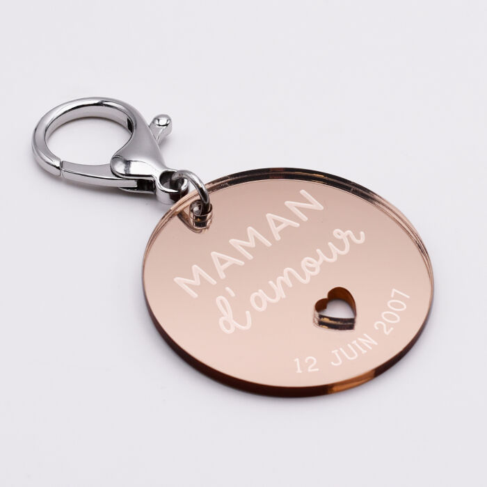 Porte-clés personnalisé gravé acrylique miroir rose gold médaille ronde 50 mm - Maman d'amour