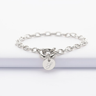 Bracelet personnalisé chaine fermoir marin médaille gravée argent 10 mm - initiale S