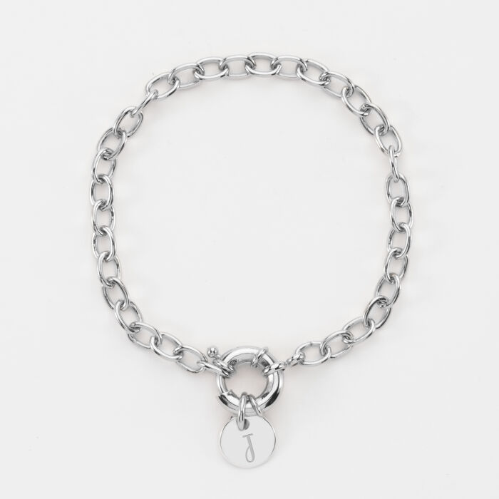 Bracelet personnalisé chaine fermoir marin médaille gravée argent 10 mm - initiale J