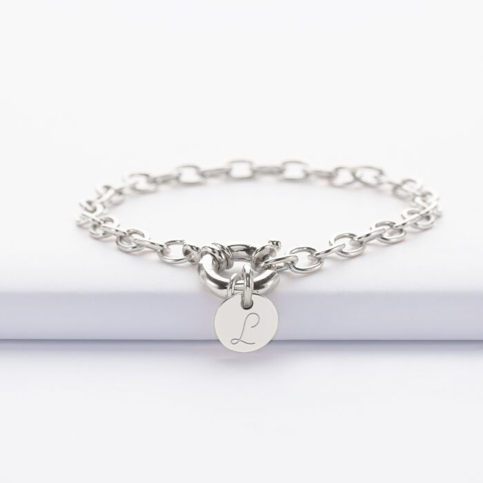 Bracelet personnalisé chaine fermoir marin médaille gravée argent 10 mm - initiale L