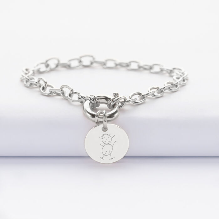 Bracelet personnalisé chaine fermoir marin médaille gravée argent 15 mm - dessin